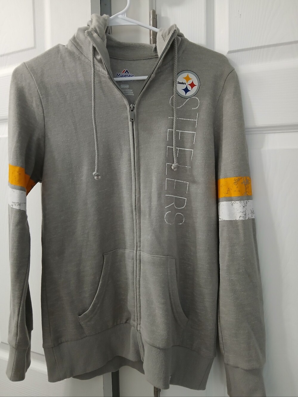 Majestic Gray Hoodie with Yellow & White Sleeve Stripes Womens Small